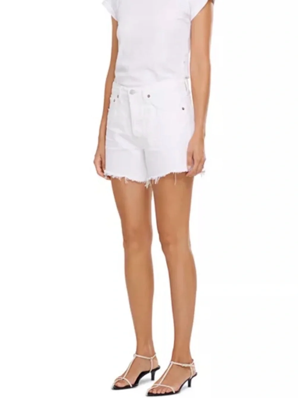 Agolde Parker Long Jean Shorts - White High-Rise Frayed Denim Shorts